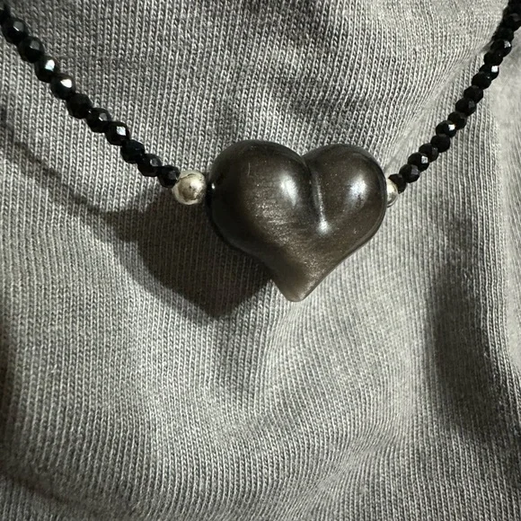 Silver Sheen Obsidian Heart Pendant Beaded Necklace - Picture 1 of 8